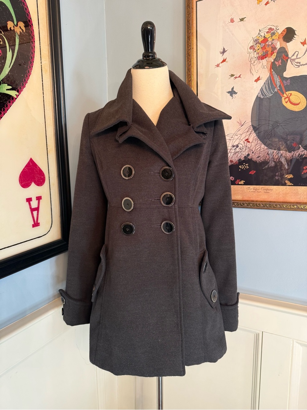 Vintage Y2K Jolt Gray 3/4 Length Double Breasted Pea Coat Sz M